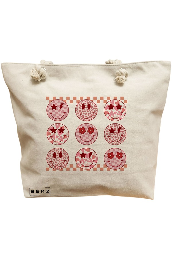 Geanta Canvas Tote pentru femei, model Rose Smilies, 40x51 cm, Bej, BEKZ® 11 Geanta Canvas Tote pentru femei
