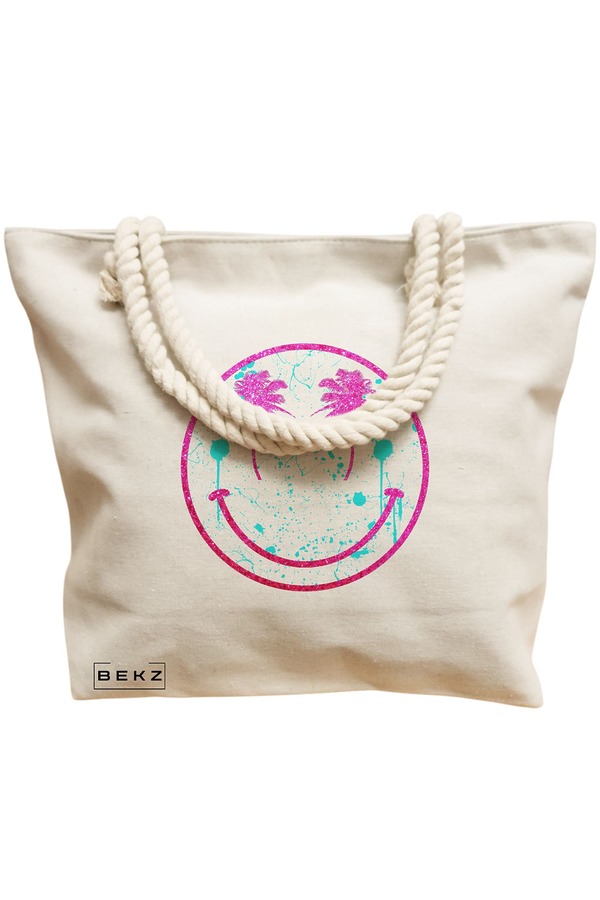 Geanta Canvas Tote pentru femei, model Beach Smile, 40x51 cm, Bej, BEKZ® 12 model Beach Smile