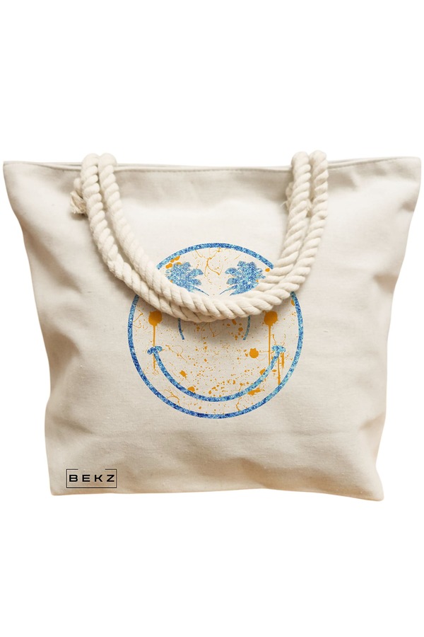 Geanta Canvas Tote pentru femei, model Party Smile, 40x51 cm, Bej, BEKZ® 12 model Party Smile