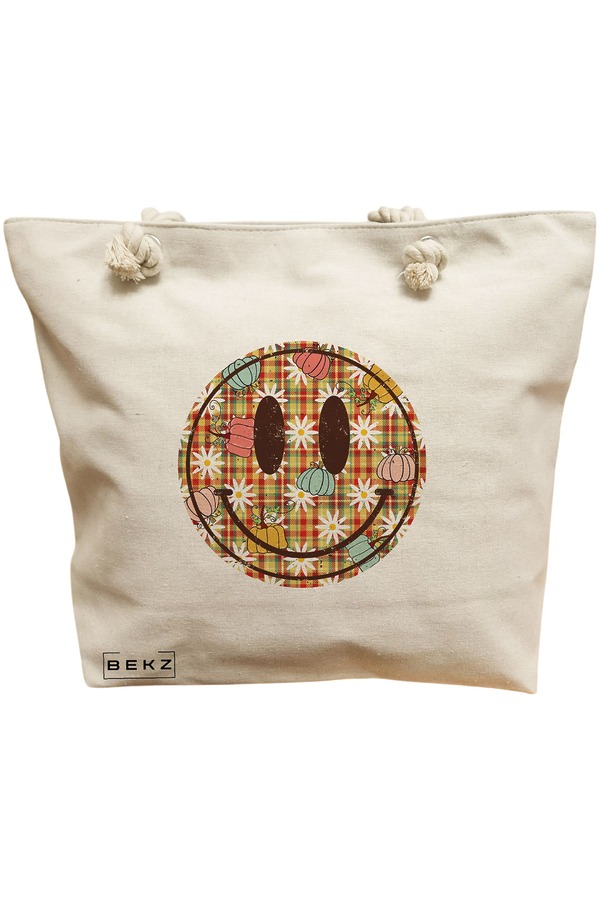 Geanta Canvas Tote pentru femei, model Magda Smile, 40x51 cm, Bej, BEKZ® 11 Geanta Canvas Tote pentru femei