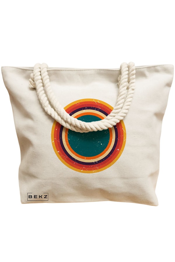 Geanta Canvas Tote pentru femei, model Retro Concentric Circles, 40x51 cm, Bej, BEKZ® 12 model Retro Concentric Circles