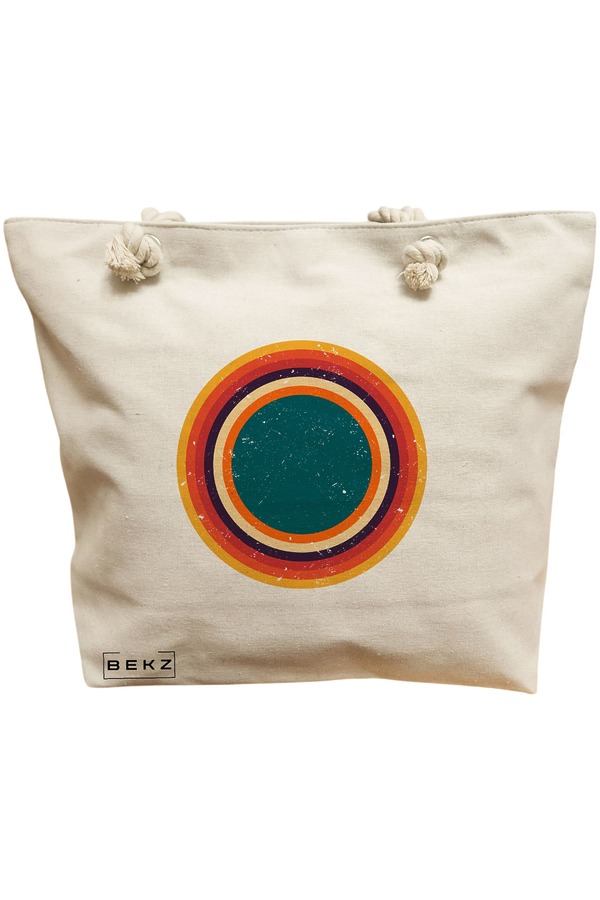 Geanta Canvas Tote pentru femei, model Retro Concentric Circles, 40x51 cm, Bej, BEKZ® 11 Geanta Canvas Tote pentru femei