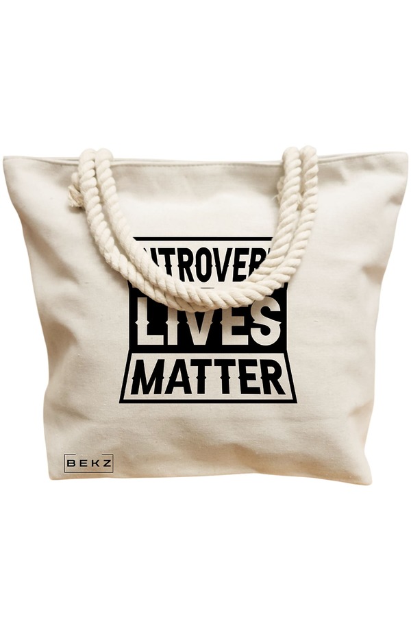 Geanta Canvas Tote pentru femei, model Introvert Lives Matter, 40x51 cm, Bej, BEKZ® 12 model Introvert Lives Matter