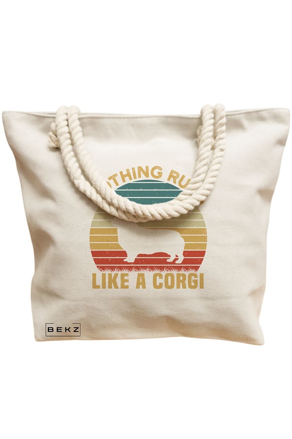 Geanta Canvas Tote pentru femei, model Nothing runs like a corgi, 40x51 cm, Bej, BEKZ® 12 model Nothing runs like a corgi