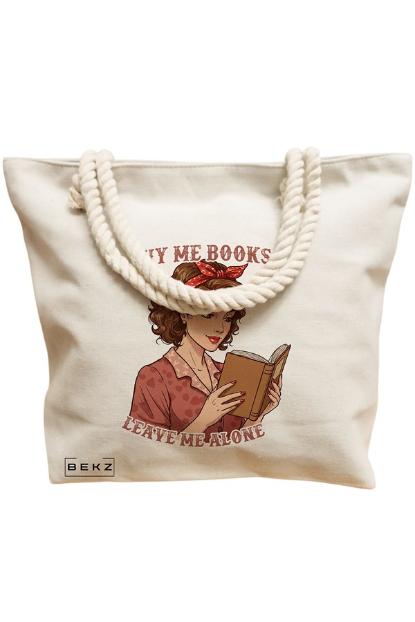 Geanta Canvas Tote pentru femei, model Buy me Books & Leave me Alone, 40x51 cm, Bej, BEKZ® 12 model Buy me Books & Leave me Alone