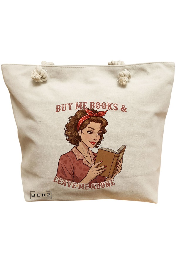 Geanta Canvas Tote pentru femei, model Buy me Books & Leave me Alone, 40x51 cm, Bej, BEKZ® 11 Geanta Canvas Tote pentru femei
