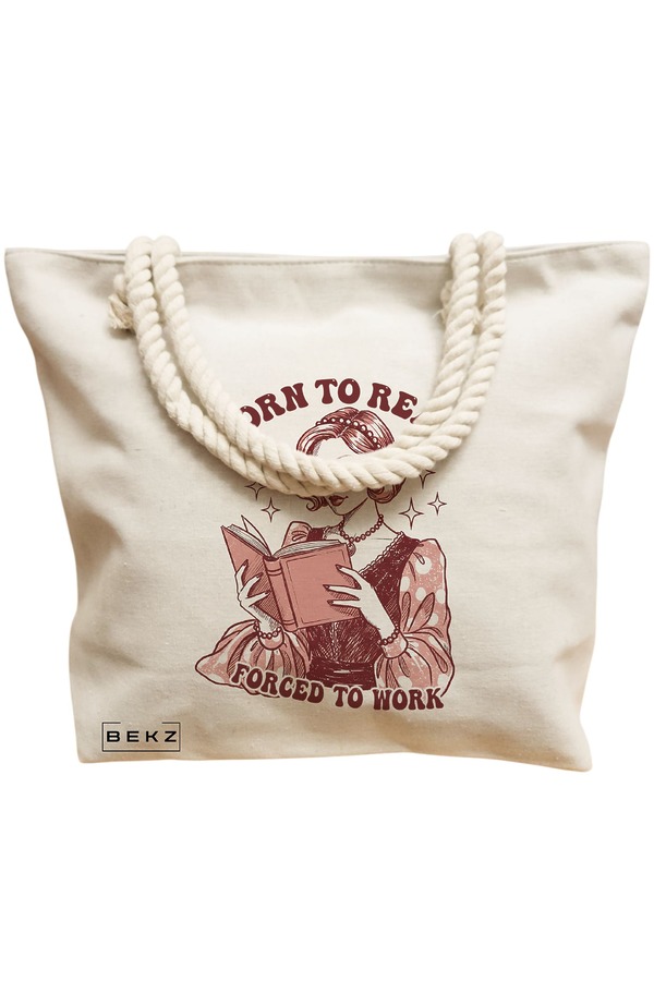 Geanta Canvas Tote pentru femei, model Born to read, Forced to work, 40x51 cm, Bej, BEKZ® 12 model Born to read