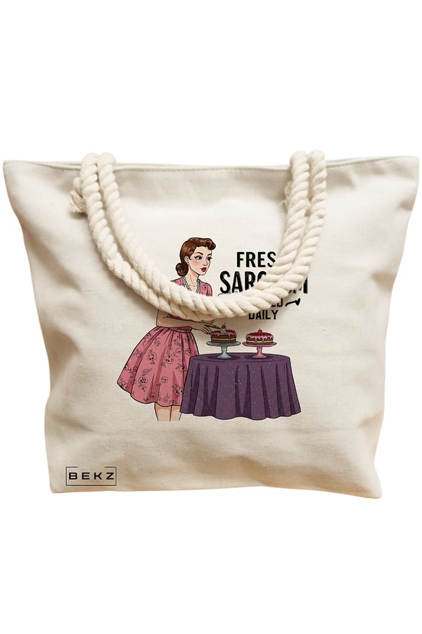 Geanta Canvas Tote pentru femei, model Fresh sarcas, Served Daily, 40x51 cm, Bej, BEKZ® 12 model Fresh sarcas