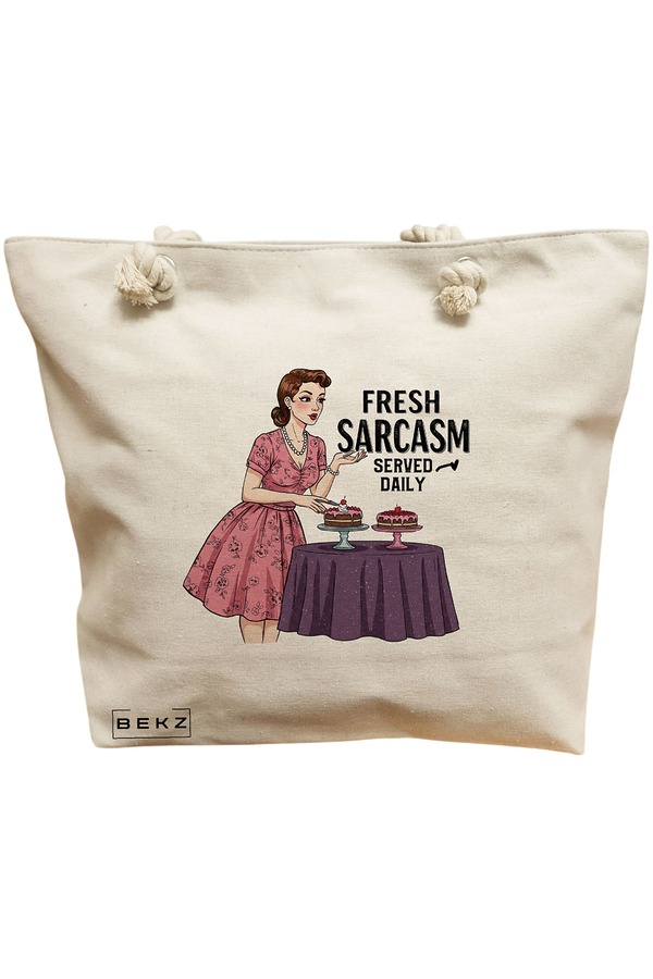 Geanta Canvas Tote pentru femei, model Fresh sarcas, Served Daily, 40x51 cm, Bej, BEKZ® 11 Geanta Canvas Tote pentru femei