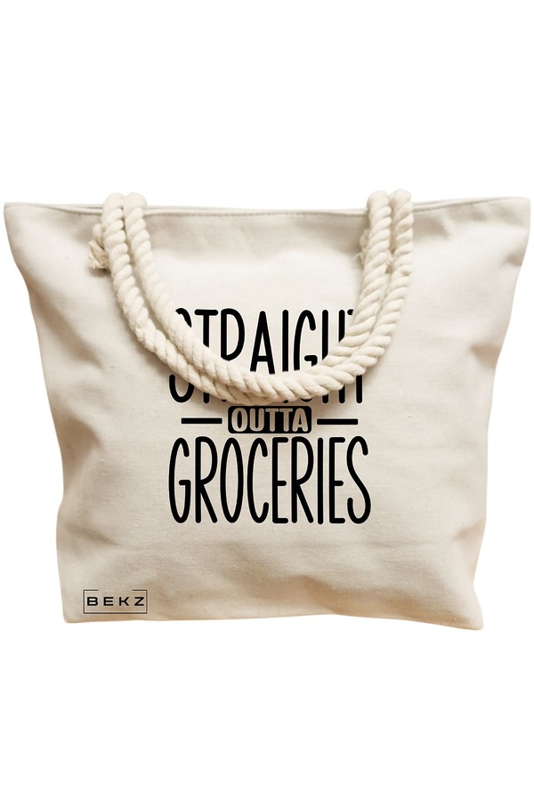 Geanta Canvas Tote pentru femei, model Straight Outta Groceries, 40x51 cm, Bej, BEKZ® 12 model Straight Outta Groceries