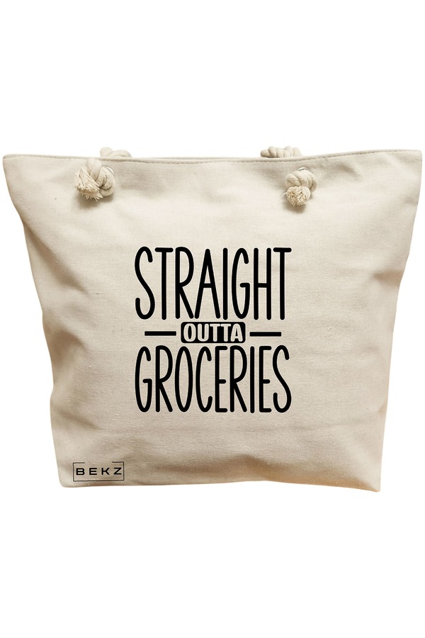 Geanta Canvas Tote pentru femei, model Straight Outta Groceries, 40x51 cm, Bej, BEKZ® 11 Geanta Canvas Tote pentru femei