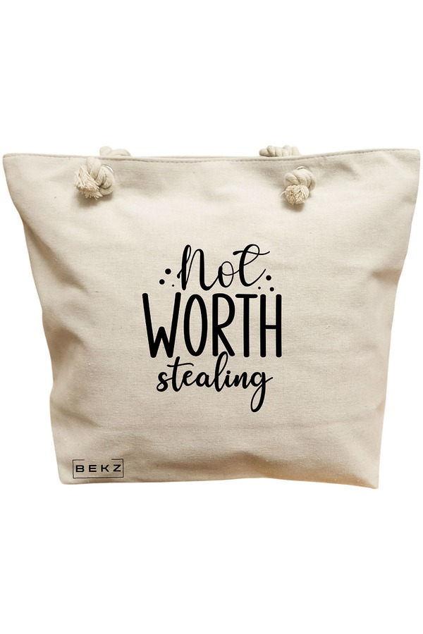 Geanta Canvas Tote pentru femei, model Not worth stealing, 40x51 cm, Bej, BEKZ® 14 Geanta Canvas Tote pentru femei