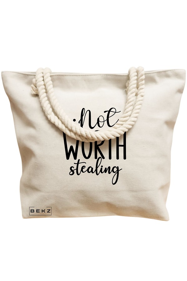 Geanta Canvas Tote pentru femei, model Not worth stealing, 40x51 cm, Bej, BEKZ® 15 model Not worth stealing
