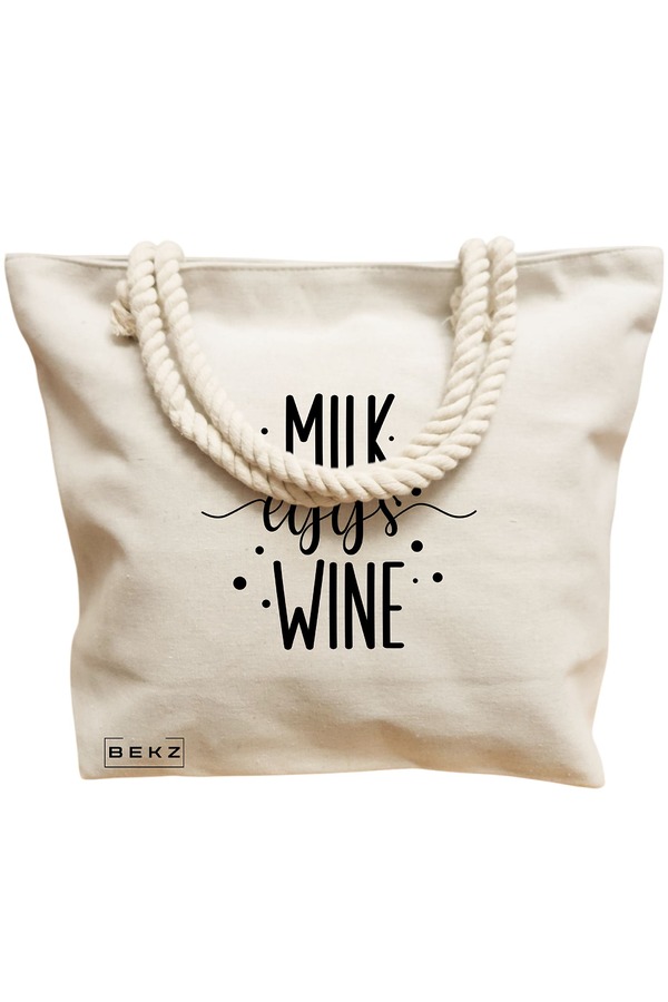 Geanta Canvas Tote pentru femei, model Milk eggs wine, 40x51 cm, Bej, BEKZ® 12 model Milk eggs wine