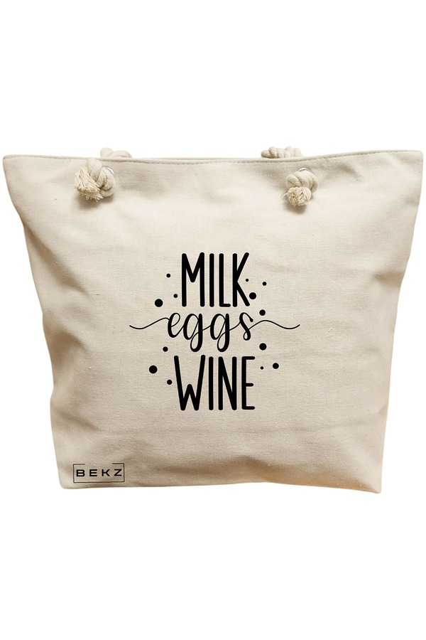 Geanta Canvas Tote pentru femei, model Milk eggs wine, 40x51 cm, Bej, BEKZ® 11 Geanta Canvas Tote pentru femei