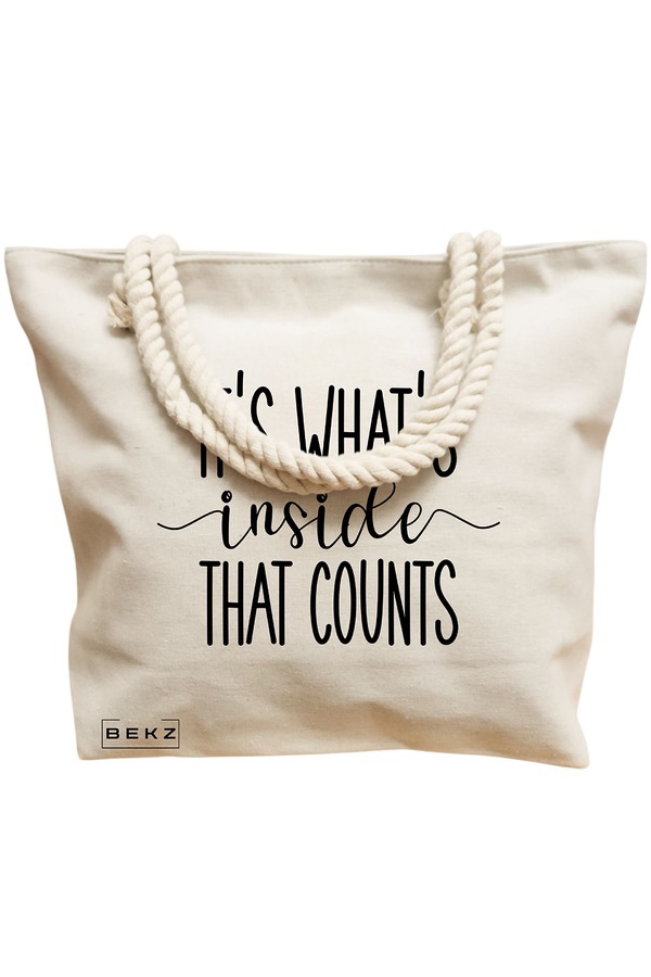 Geanta Canvas Tote pentru femei, model It's what's inside that counts, 40x51 cm, Bej, BEKZ® 12 model It's what's inside that counts
