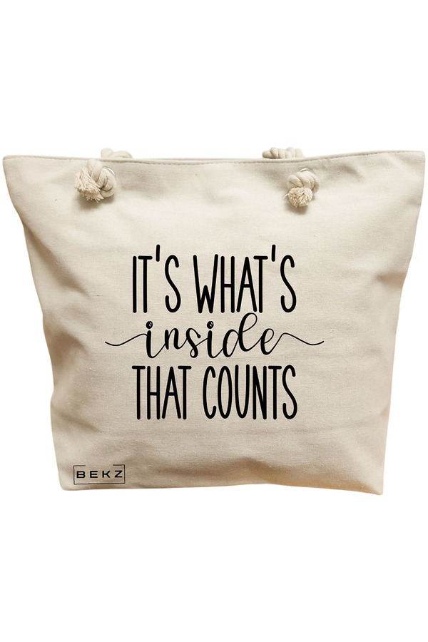 Geanta Canvas Tote pentru femei, model It's what's inside that counts, 40x51 cm, Bej, BEKZ® 11 Geanta Canvas Tote pentru femei