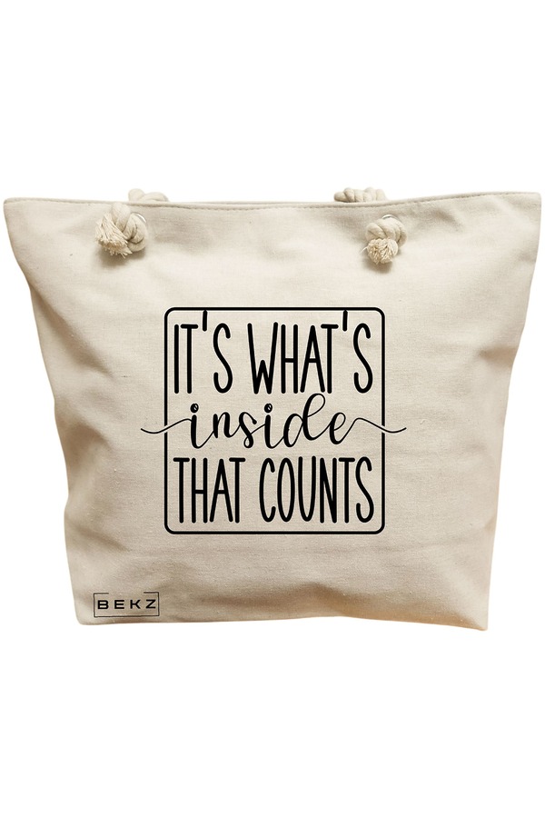 Geanta Canvas Tote pentru femei, model It's what's inside that counts 2, 40x51 cm, Bej, BEKZ® 12 Geanta Canvas Tote pentru femei