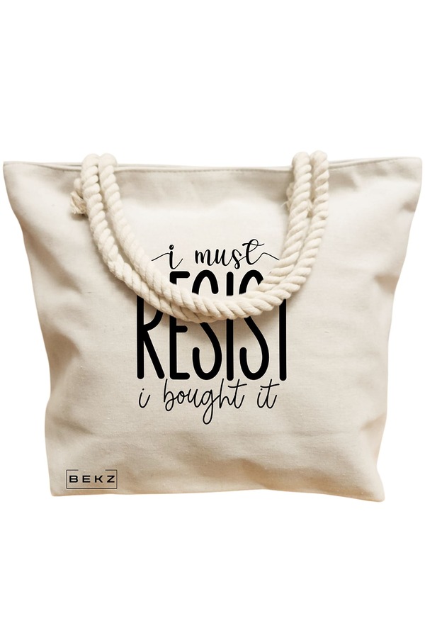 Geanta Canvas Tote pentru femei, model I must resist, I bought it, 40x51 cm, Bej, BEKZ® 12 model I must resist