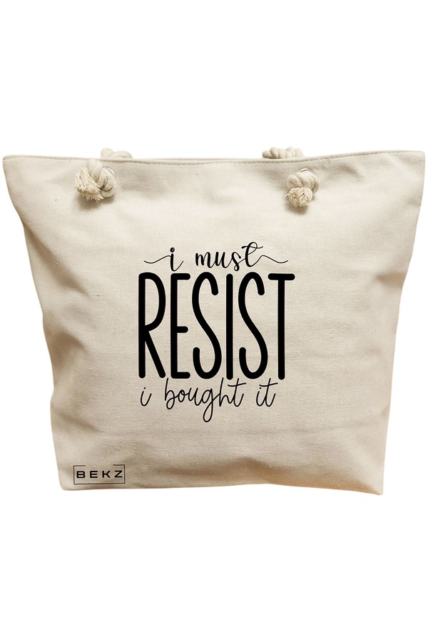 Geanta Canvas Tote pentru femei, model I must resist, I bought it, 40x51 cm, Bej, BEKZ® 11 Geanta Canvas Tote pentru femei