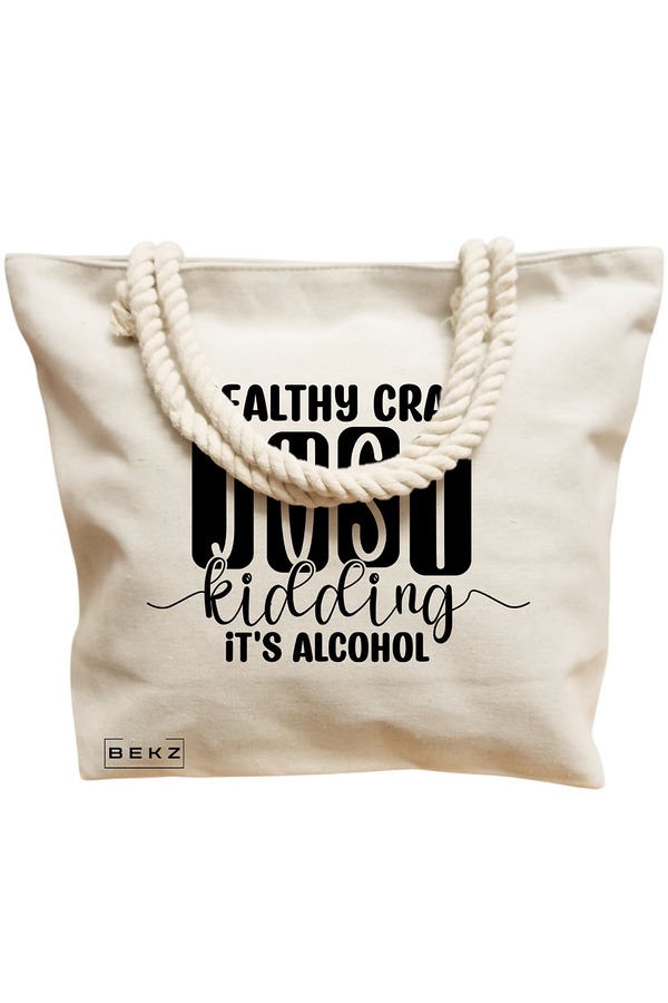 Geanta Canvas Tote pentru femei, model Healthy Crap, Just kidding, it's alcohol, 40x51 cm, Bej, BEKZ® 11 model Healthy Crap