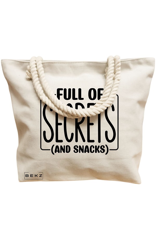 Geanta Canvas Tote pentru femei, model Full of secrects and snacks, 40x51 cm, Bej, BEKZ® 12 model Full of secrects and snacks