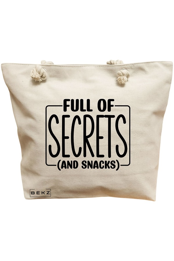 Geanta Canvas Tote pentru femei, model Full of secrects and snacks, 40x51 cm, Bej, BEKZ® 11 Geanta Canvas Tote pentru femei