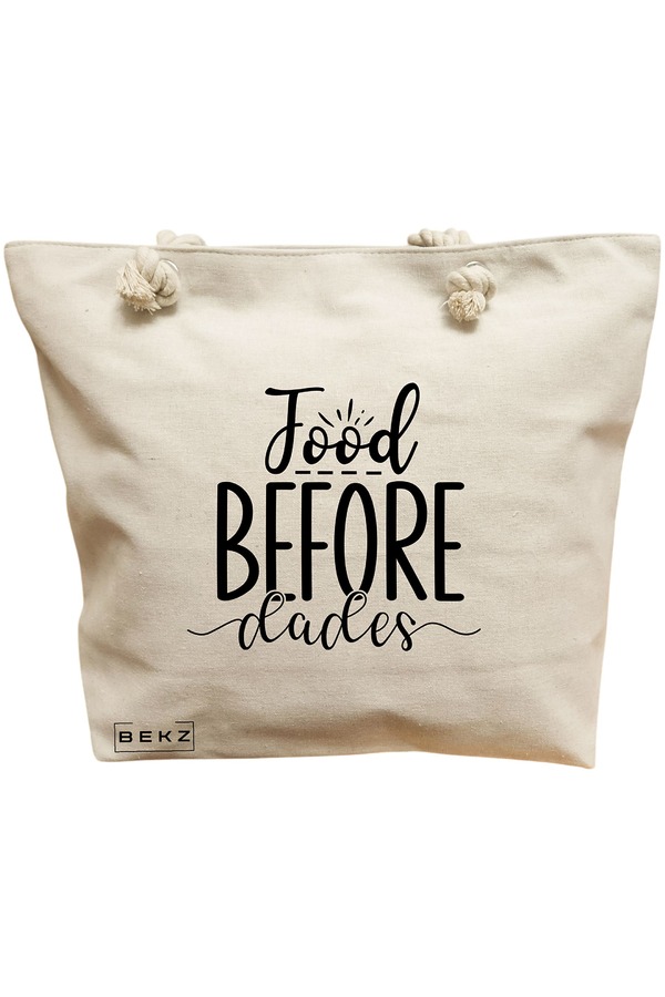 Geanta Canvas Tote pentru femei, model Food before dudes, 40x51 cm, Bej, BEKZ® 11 Geanta Canvas Tote pentru femei