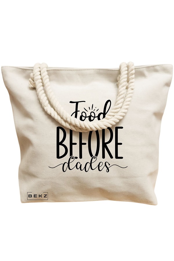 Geanta Canvas Tote pentru femei, model Food before dudes, 40x51 cm, Bej, BEKZ® 12 model Food before dudes