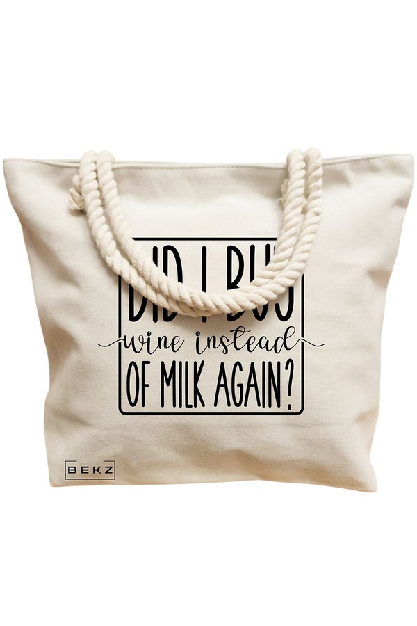 Geanta Canvas Tote pentru femei, model Did I buy wine instead of milk again?, 40x51 cm, Bej, BEKZ® 12 model Did I buy wine instead of milk again?