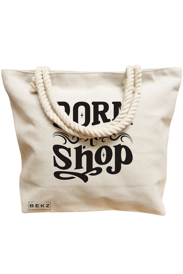 Geanta Canvas Tote pentru femei, model Born to shop, 40x51 cm, Bej, BEKZ® 12 model Born to shop
