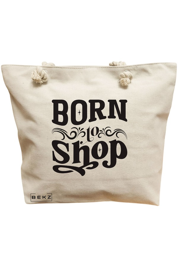 Geanta Canvas Tote pentru femei, model Born to shop, 40x51 cm, Bej, BEKZ® 11 Geanta Canvas Tote pentru femei