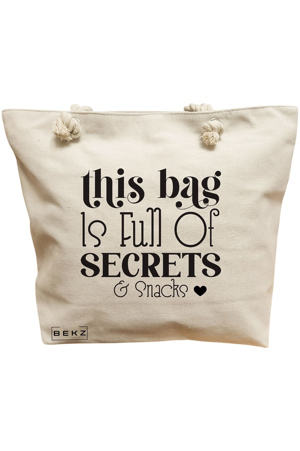 Geanta Canvas Tote pentru femei, model Full of secrects and snacks 2, 40x51 cm, Bej, BEKZ® 11 Geanta Canvas Tote pentru femei