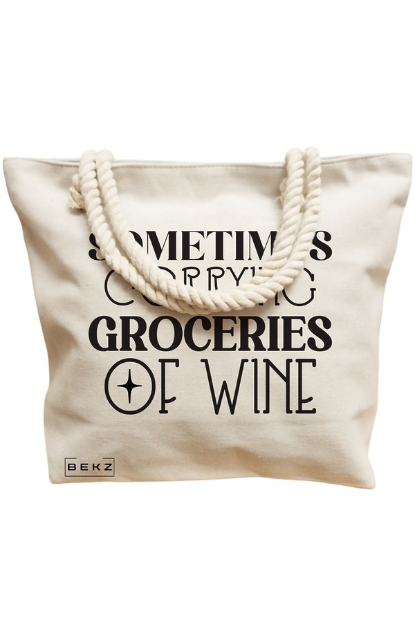 Geanta Canvas Tote pentru femei, model Sometimes carrying groceries of wine, 40x51 cm, Bej, BEKZ® 2 model Sometimes carrying groceries of wine