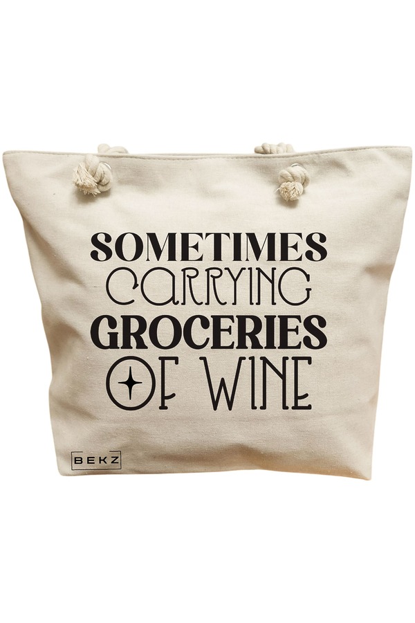 Geanta Canvas Tote pentru femei, model Sometimes carrying groceries of wine, 40x51 cm, Bej, BEKZ® 1 Geanta Canvas Tote pentru femei