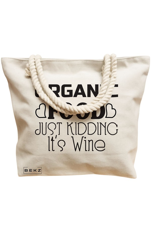 Geanta Canvas Tote pentru femei, model Organic food, Just kidding, it's Wine, 40x51 cm, Bej, BEKZ® 12 model Organic food