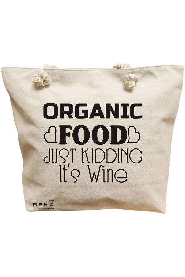 Geanta Canvas Tote pentru femei, model Organic food, Just kidding, it's Wine, 40x51 cm, Bej, BEKZ® 11 Geanta Canvas Tote pentru femei