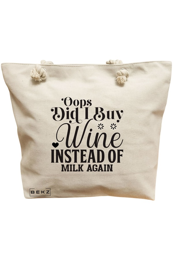 Geanta Canvas Tote pentru femei, model Opps Did I buy wine instead of milk again?, 40x51 cm, Bej, BEKZ® 11 Geanta Canvas Tote pentru femei
