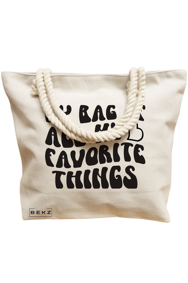 Geanta Canvas Tote pentru femei, model My bag of all my favorite things, 40x51 cm, Bej, BEKZ® 12 model My bag of all my favorite things