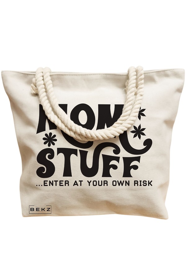Geanta Canvas Tote pentru femei, model Mom stuff, enter at your own risk, 40x51 cm, Bej, BEKZ® 12 model Mom stuff