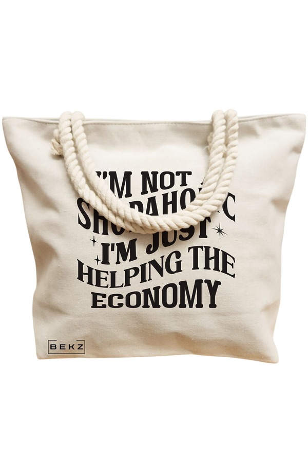 Geanta Canvas Tote pentru femei, model I'm not a shopaholic, I'm just helping the economy, 40x51 cm, Bej, BEKZ® 12 model I'm not a shopaholic