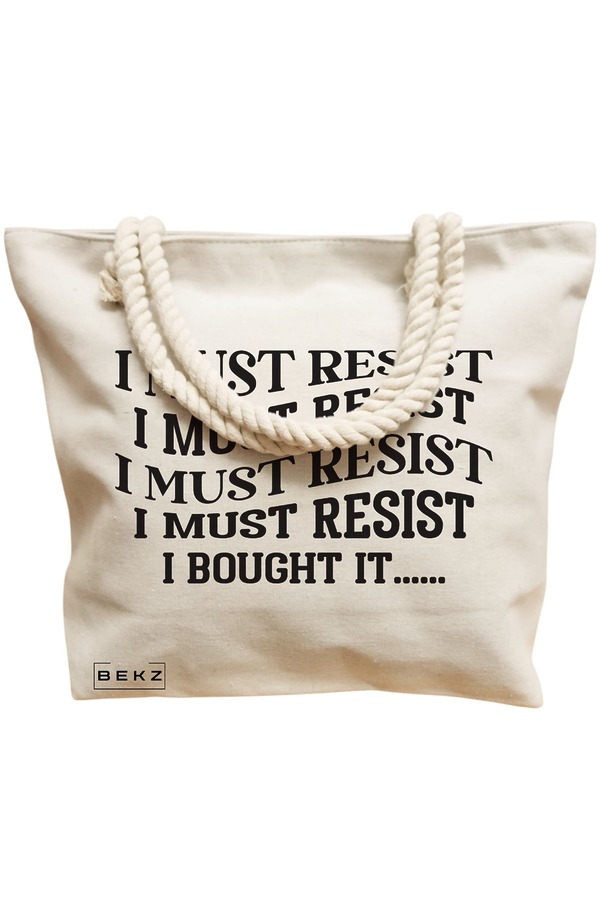 Geanta Canvas Tote pentru femei, model I must restist, 40x51 cm, Bej, BEKZ® 12 model I must restist