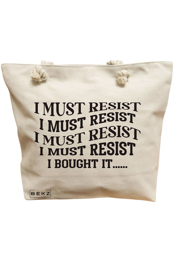 Geanta Canvas Tote pentru femei, model I must restist, 40x51 cm, Bej, BEKZ® 11 Geanta Canvas Tote pentru femei