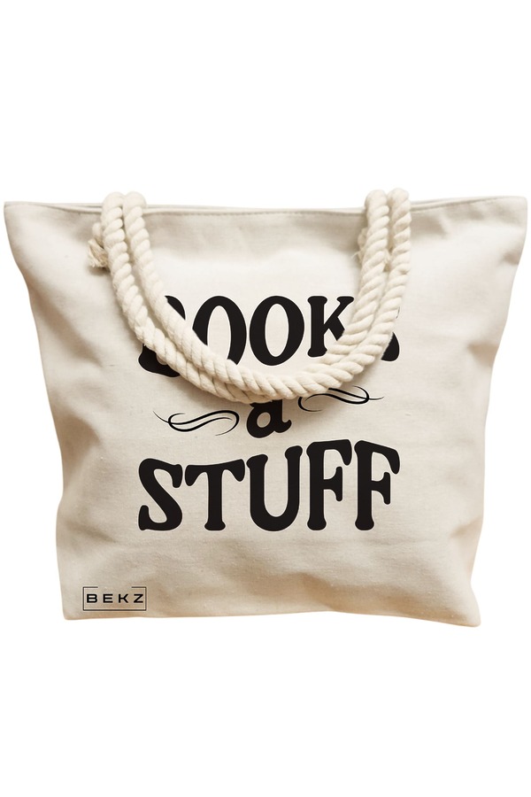 Geanta Canvas Tote pentru femei, model Books and Stuff, 40x51 cm, Bej, BEKZ® 12 model Books and Stuff