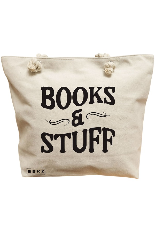 Geanta Canvas Tote pentru femei, model Books and Stuff, 40x51 cm, Bej, BEKZ® 11 Geanta Canvas Tote pentru femei