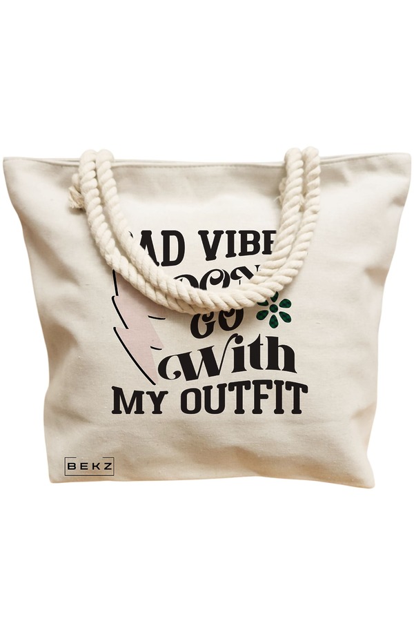 Geanta Canvas Tote pentru femei, model Bad vibes don't go with my outfit, 40x51 cm, Bej, BEKZ® 12 model Bad vibes don't go with my outfit