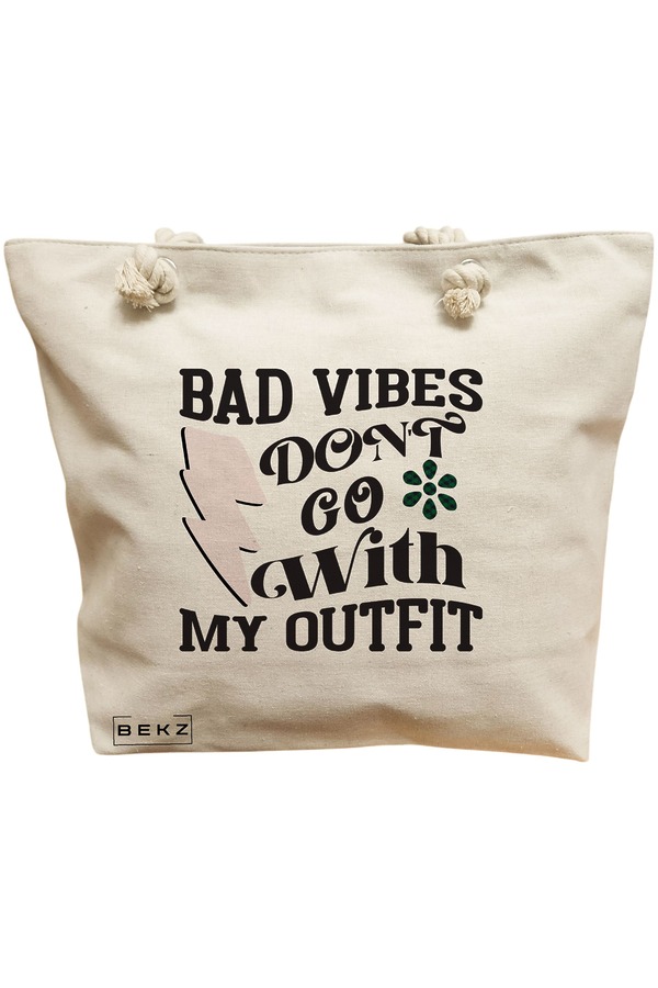 Geanta Canvas Tote pentru femei, model Bad vibes don't go with my outfit, 40x51 cm, Bej, BEKZ® 11 Geanta Canvas Tote pentru femei