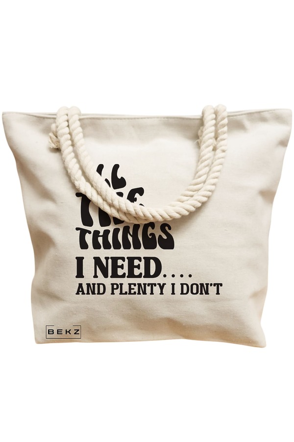 Geanta Canvas Tote pentru femei, model All the things I need and plenty I don’t, 40x51 cm, Bej, BEKZ® 12 model All the things I need and plenty I don’t