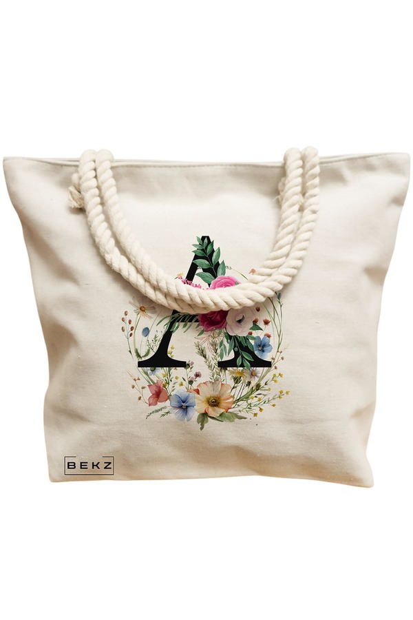 Geanta Canvas Tote pentru femei, Cu litera A in Coronita Florala, 40x51 cm, Bej, BEKZ® 12 Cu litera A in Coronita Florala