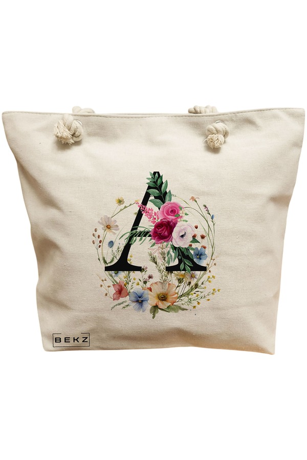 Geanta Canvas Tote pentru femei, Cu litera A in Coronita Florala, 40x51 cm, Bej, BEKZ® 11 Geanta Canvas Tote pentru femei